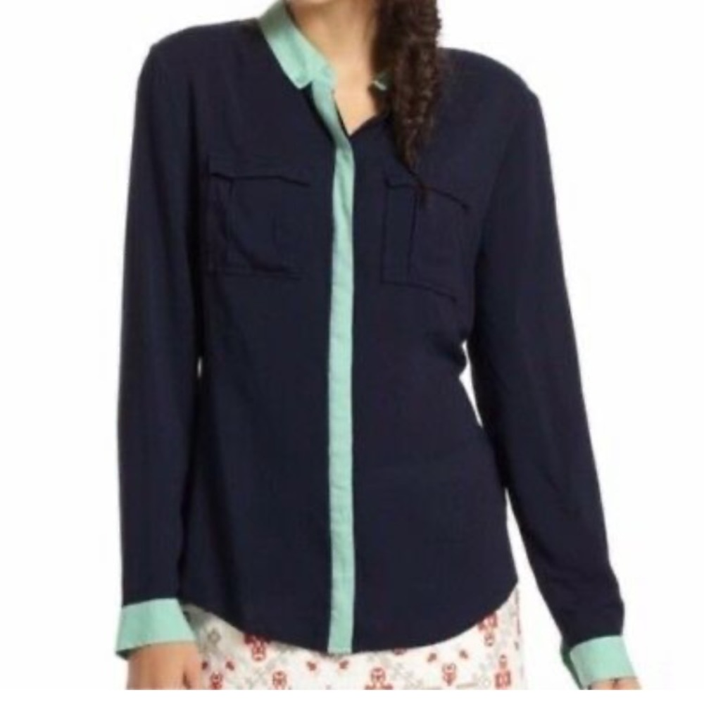 Anthropologie Maeve Bagatelle Navy/Mint Blouse